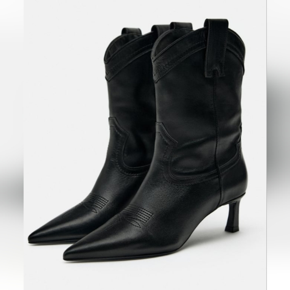 Zara leather Cowboy Heeled Ankle boots